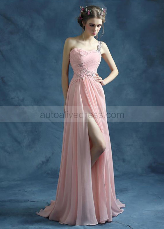 One Shoulder Beaded Blush Pink Ruched Chiffon Evening Dress